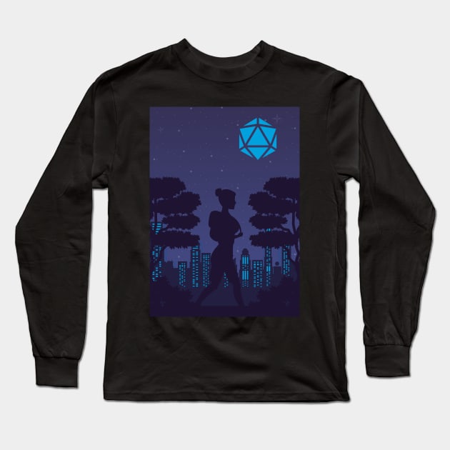 Futuristic Polyhedral D20 Dice Moon Cityscape RPG Landscape Long Sleeve T-Shirt by pixeptional